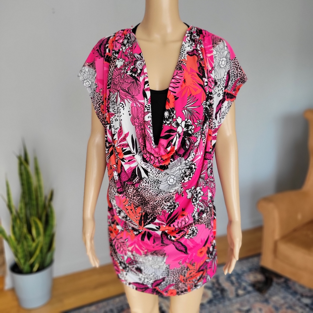 Fashion Bug Pink Black & Orange Floral Tunic, Layered Look, Size 1X